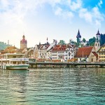 Harbor and buildings in city center in Lucerne, Switzerland.