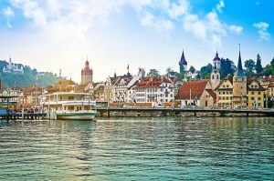 Harbor and buildings in city center in Lucerne, Switzerland.