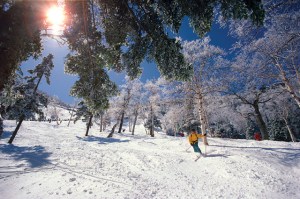 man skiing down snowy slopes