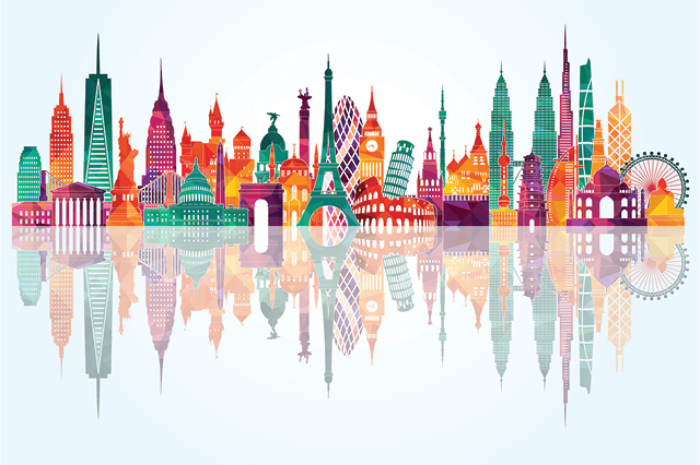 colorful illustration of different landmarks around the world