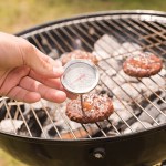 Man using meat thermometer while barbecuing