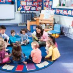 Kids reading in circle with teachers