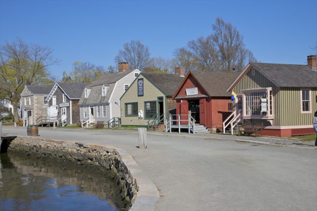 Street with cooperage, printing shop, smith, bank at Mystic Seaport, Mystic, Connecticut, New England, U.S.A.